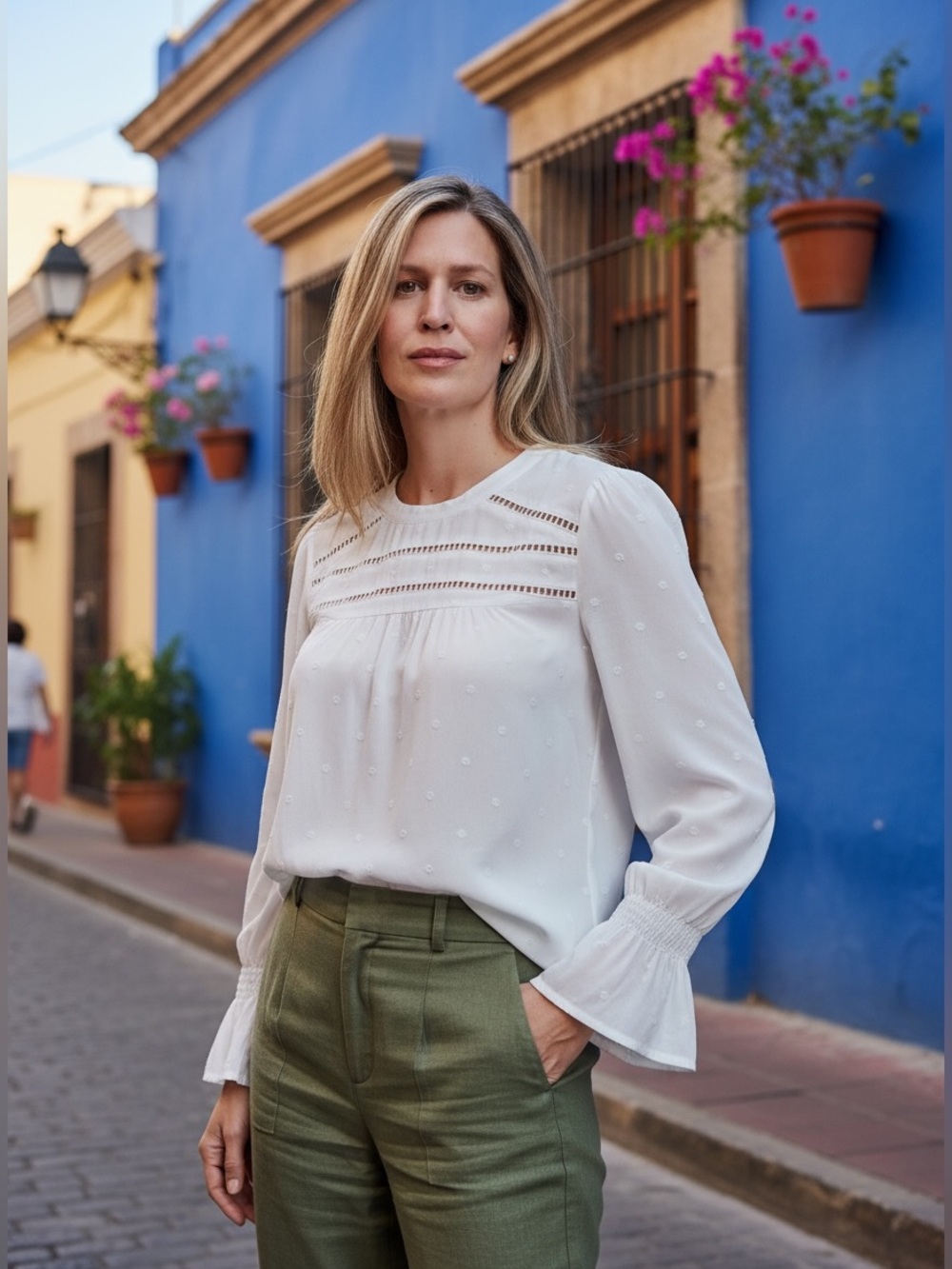 LOFT White Eyelet Peasant Blouse with Bishop Sleeves